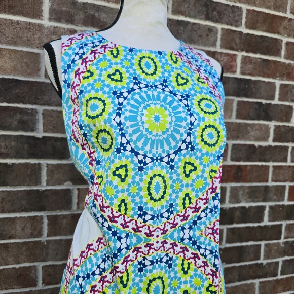 London Style Colorful Geometric Print Dress Size 12 Sleeveless Midi Summer Dress - Picture 2 of 11